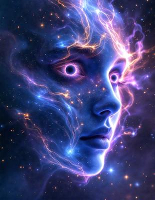 The primary subject of the image is a close-up of a person's face, with a purple and blue color scheme. The setting is a space background, and the visual style appears to be a digital art or illustration. The colors and mood of the image are vibrant and surreal, creating a unique and captivating atmosphere.